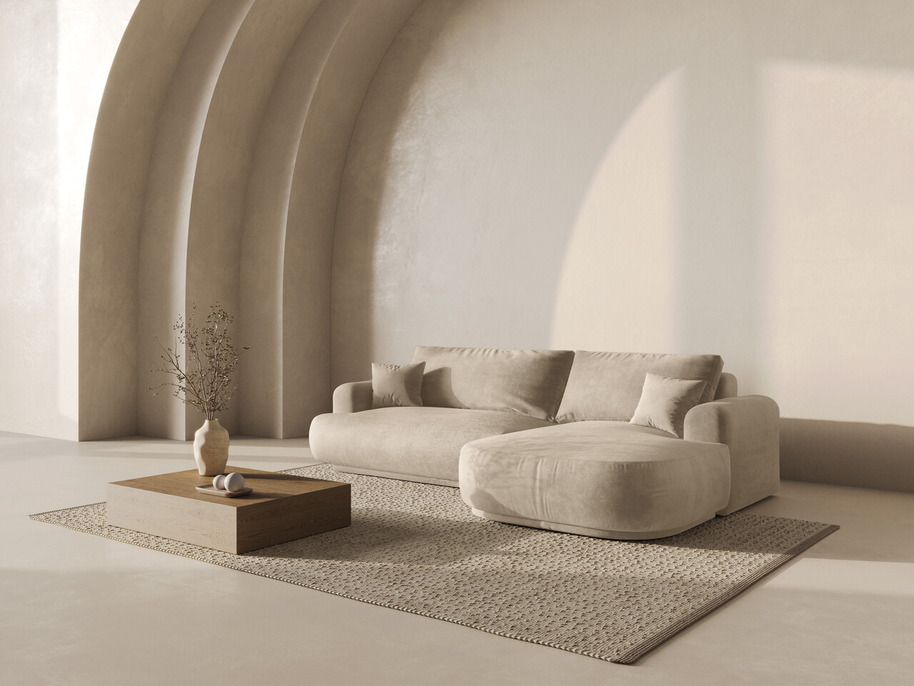 Coltar extensibil dreapta 5 locuri, modular, cu lada depozitare, Ella, Micadoni Home, 271x174x94 cm, catifea, bej deschis - 1 | YEO