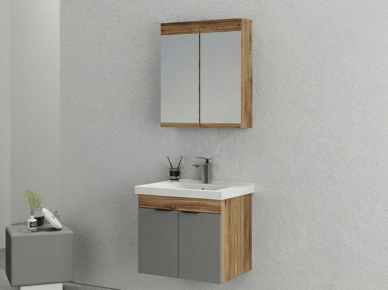 Set mobilier de baie (2 piese), Hanah Home, Carıno 65, Pin / Gri mat - view 2