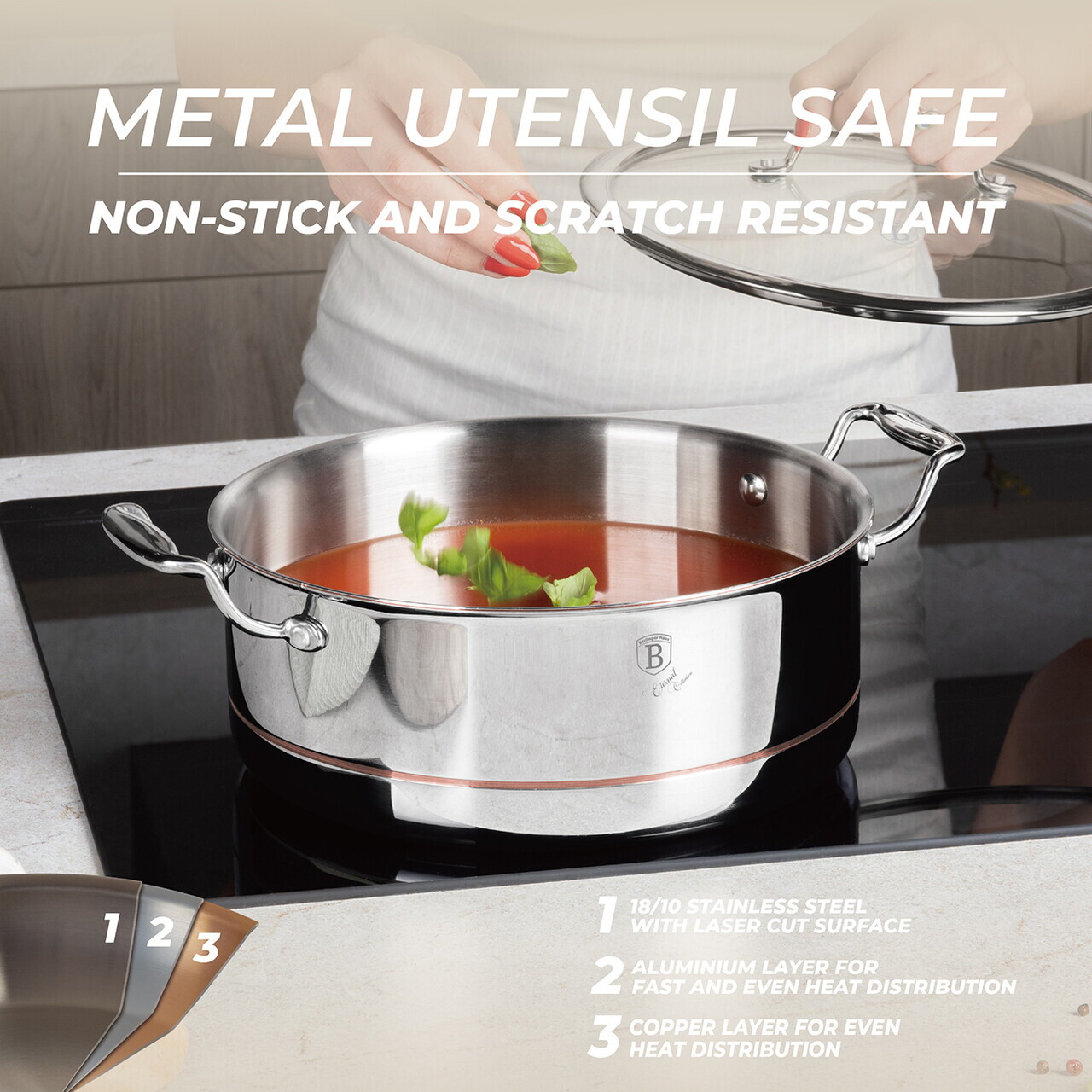 Oala cu capac Berlinger Haus, Copper Touch, 24 cm, inox/aluminiu, argintiu - imagine 9