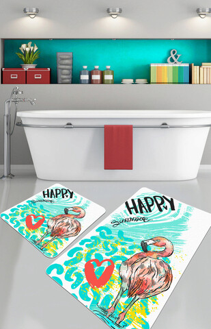 Set covoraș de baie (2 bucăți), Chilai, Happy Flamingo, Catifea, Multicolor