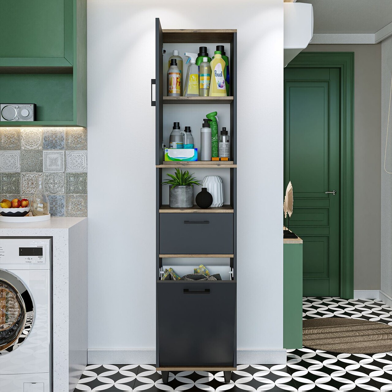 Dulap multifunctional, Hanah Home, 2533, 45x200x35 cm, PAL MELAMINAT, Antracit / Pin Atlantic — imaginea 5