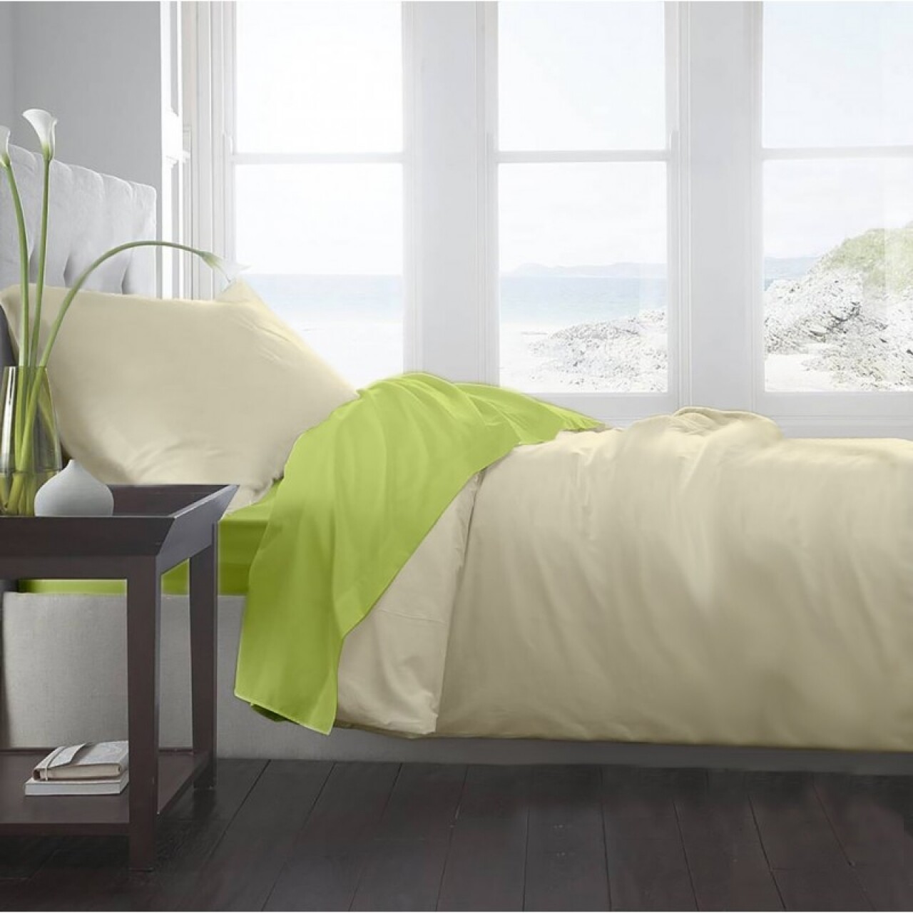 Lenjerie De Pat Dubla King Size Lime & Vanilla, 4 Piese, 220 X 250 Cm, 100% Bumbac, Verde Lime/bej