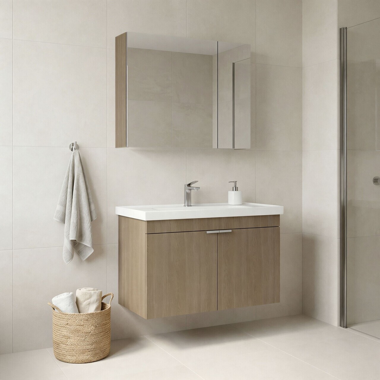 Set Dulap de Baie cu Chiuvetă și Oglindă (2 Piese), Hanah Home, Desna 80, Stejar — imaginea 2