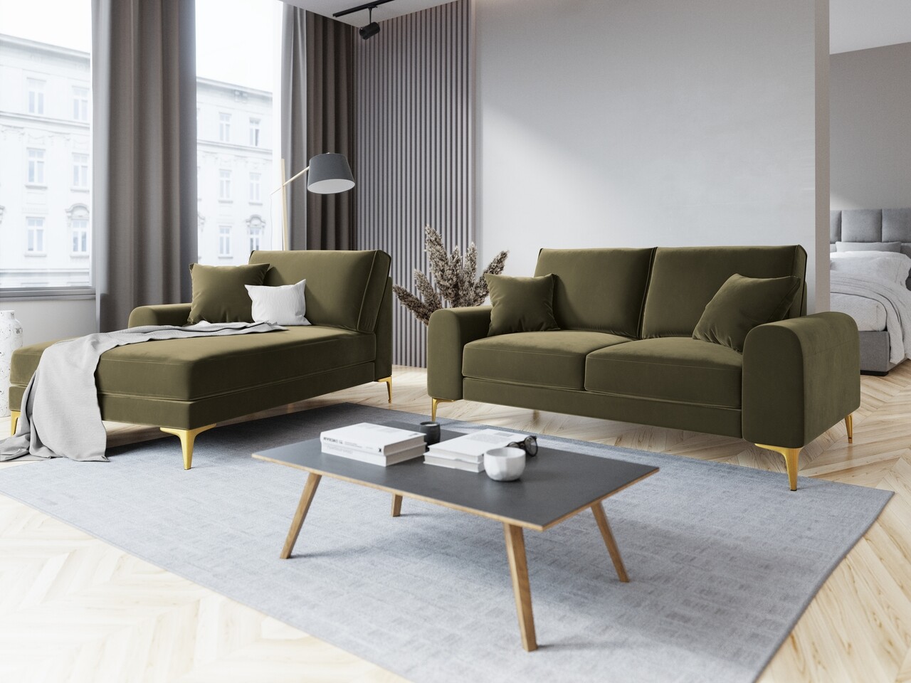 Sezlong living stanga, Madara, Mazzini Sofas, gold legs, 102x182x90 cm, catifea, verde