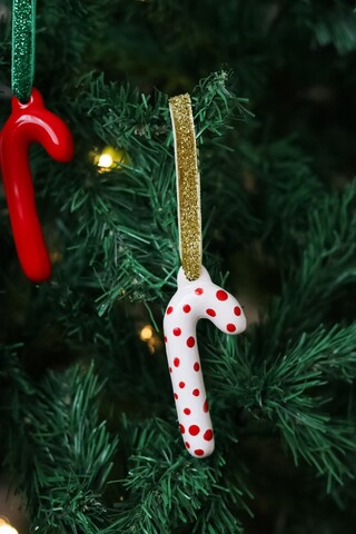 Ornament de brad de Crăciun, BSY517, 9.5x4 cm, Ceramica, Alb/Rosu