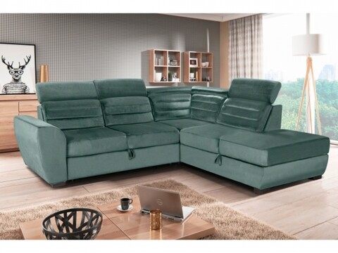 Coltar extensibil cu sezlong dreapta, 3 tetiere si lada, Barbie, 255 x 225 x 80/96 cm, verde