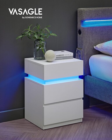 Noptiera 3 sertare si iluminare LED, Vasagle. 40x35x55 cm, MDF, alb
