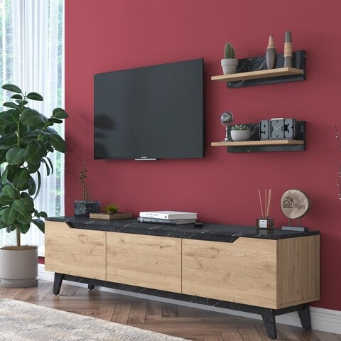 Comoda TV cu 2 rafturi, Wren, M48 – 1509, pal melaminat, nuc/alb mezoni.ro