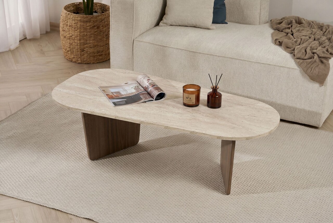 Masuta de cafea, Hanah Home, Ovalis, 130x40x65 cm, Travertin / Nuc - view 4