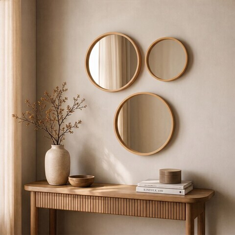 Set oglinzi decorative (3 bucăți), Hanah Home, Circle 3, LEMN MASIV DE FAG, Stejar