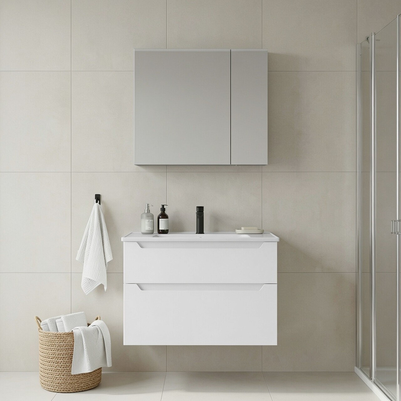Set Dulap de Baie cu Chiuvetă și Oglindă (2 Piese), Hanah Home, Messina 85 v2, Alb mat