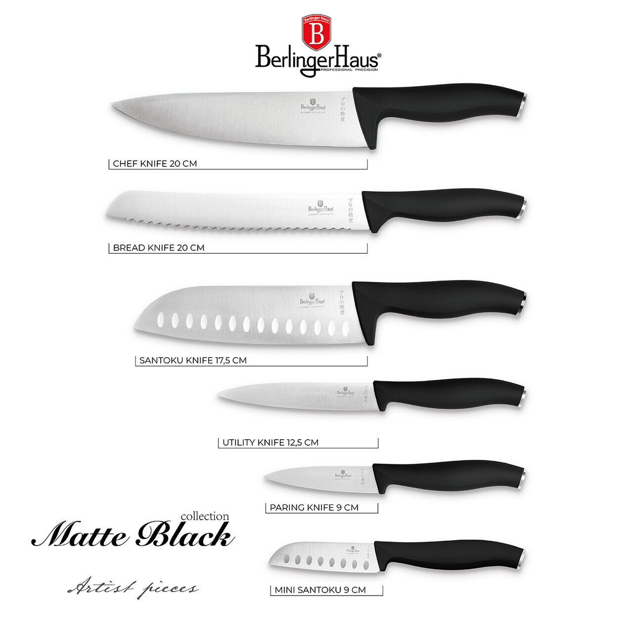 Set 6 cutite Berlinger Haus, Matte Black, inox, negru - imagine 15