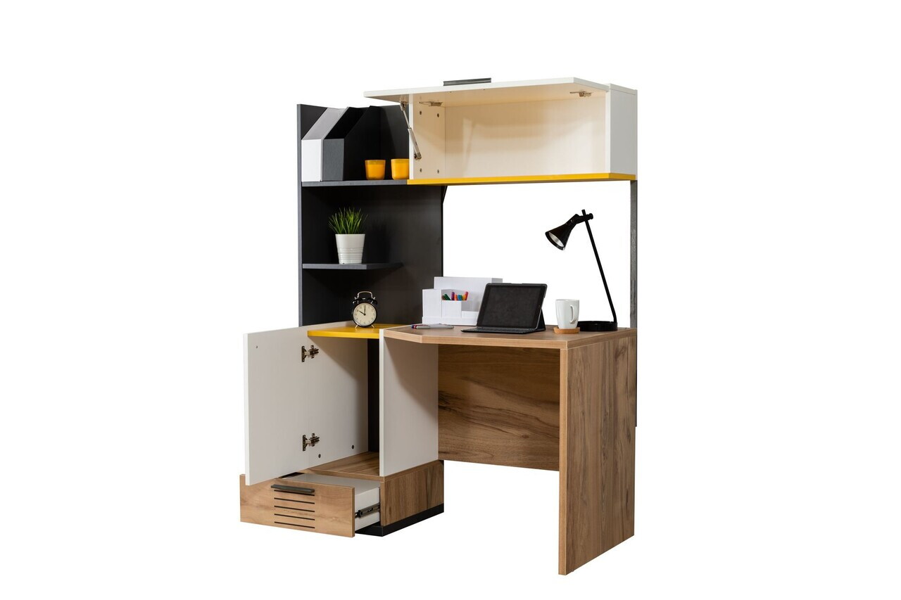 Birou, Hanah Home, Relax, 130x160x60 cm, PAL, Alb / Antracit / Galben / Maro - view 3