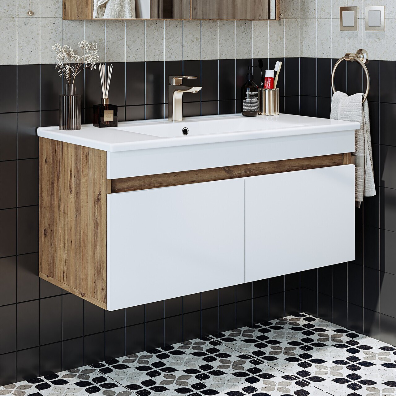 Dulap de baie cu chiuvetă, Hanah Home, 1904, 100x48x45.5 cm, MDF-LAM, Pin Atlantic / Alb Mat