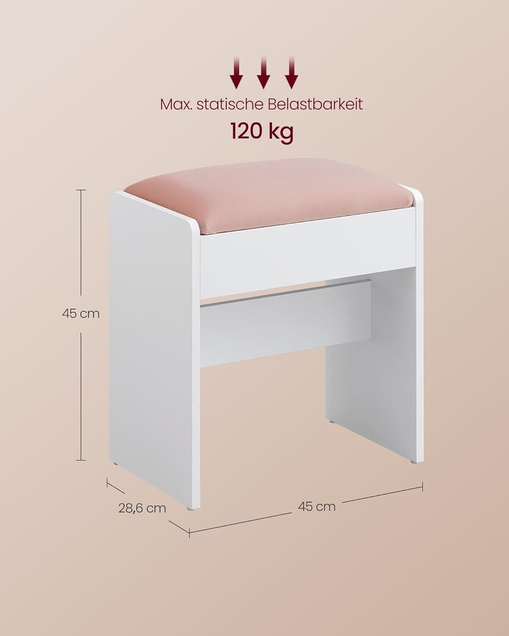 Taburet pentru masuta de toaleta, Vasagle, 45x28.6x45 cm, PAL/MDF/catifea, alb/roz pastel