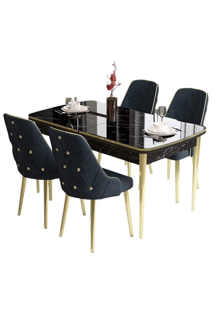 Set masa si scaune (5 piese), Hanah Home, Tia, Model de marmură neagră / Auriu / Antracit — imaginea 2
