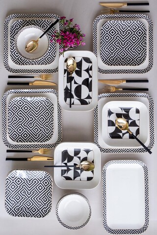 Set de cină (26 bucăți), L'essentiel Maison, 719KTP9893, Farfurie: 20 x 20 cm (6 bucăți), Alb / Negru / Auriu