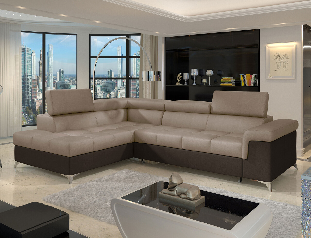 Coltar extensibil stanga 4 locuri ELTAP, ERI-49, Eridano, 275x202x88 cm, lemn/poliester, maro deschis/maro inchis