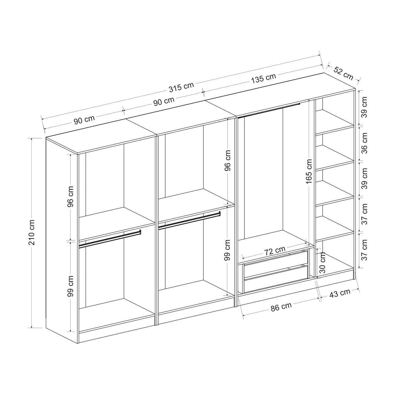 Dulap pentru haine, Hanah Home, Nisa, 315x210x52 cm, Dore — imaginea 8