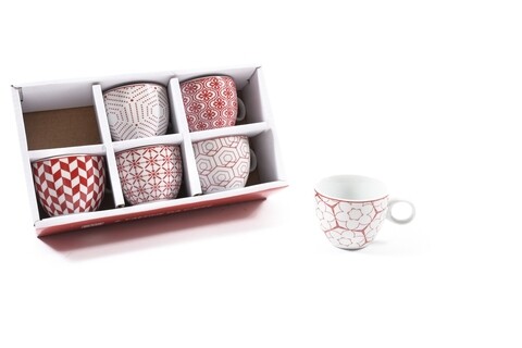Set 6 cani geometric, mercury, 21.5x12x6.5 cm, portelan, rosu/alb
