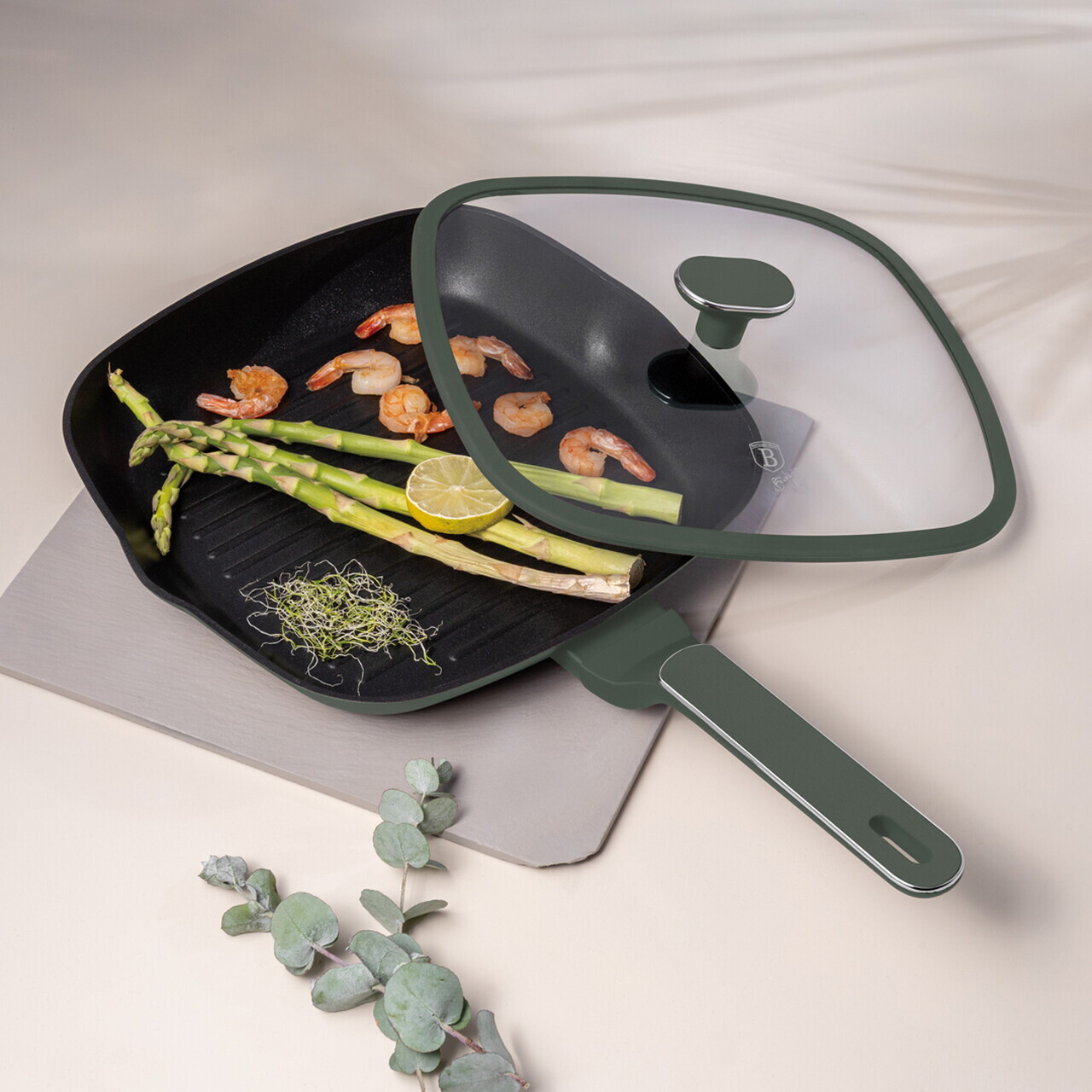 Tigaie grill cu capac Berlinger Haus, Matte Green, 28 cm, 2.1 L, aluminiu forjat, verde mat - imagine 3