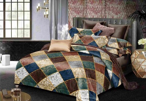 Lenjerie de pat dubla, king size, 4 piese, bs008, policoton, multicolor