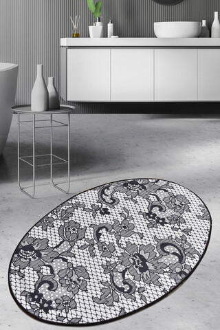 Covoras de baie, Chilai, Lace DJT, 80x120 cm, Catifea, Negru / Alb / Gri