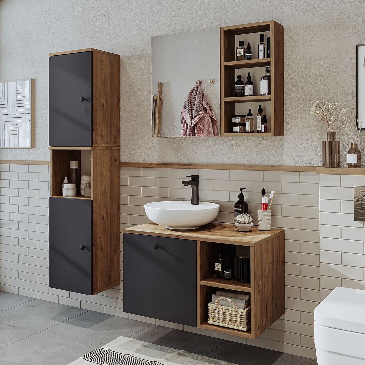 Set Dulap de Baie cu Chiuvetă și Oglindă (3 Piese), Hanah Home, 2473, MDF, Pin Atlantic / Antracit