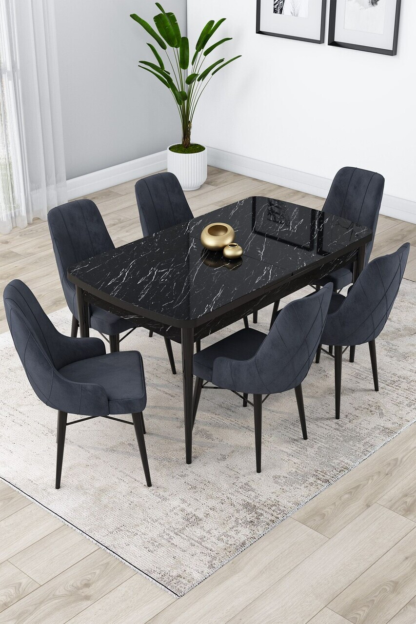 Set masa extensibila si scaune (7 piese), Hanah Home, Lia, Model de marmură neagră / Antracit