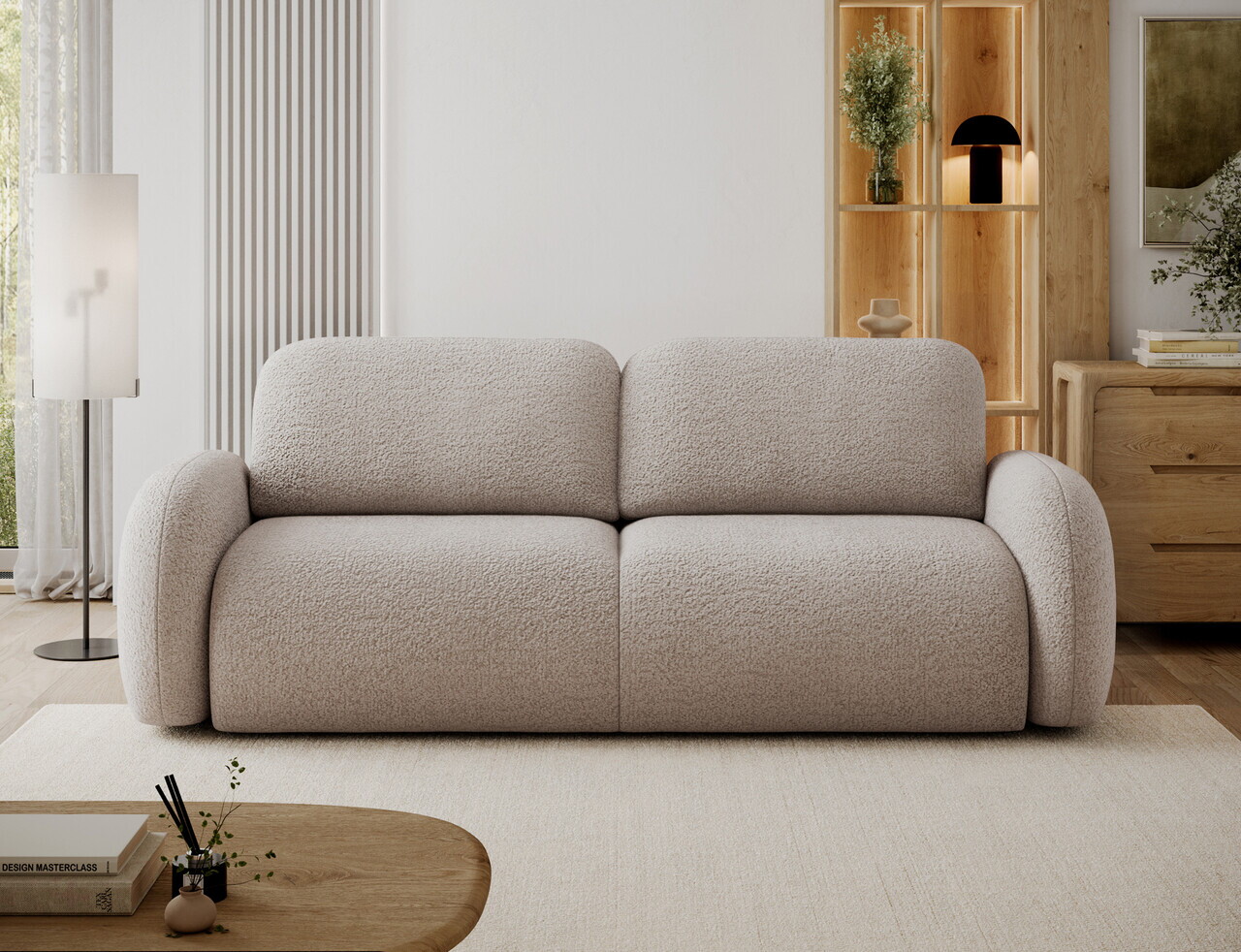 Canapea extensibila 3 locuri ELTAP, Avuela, 250x105x94 cm, lemn/tesatura boucle, bej — imaginea 2