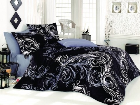 Lenjerie de pat dubla, 6 piese, 240x260 cm, 100% bumbac satinat, Nazenin Home, Atlantis Grey, negru/gri