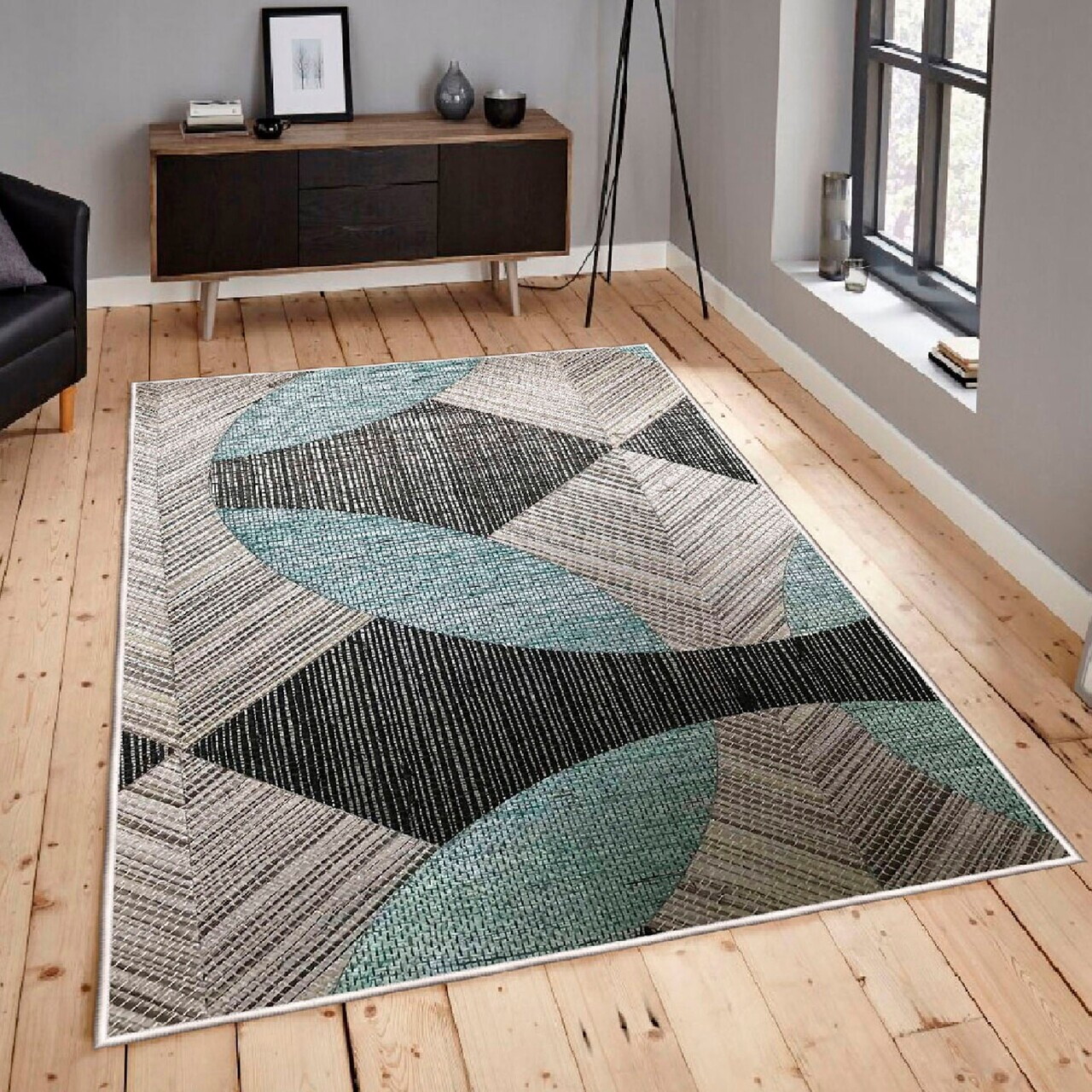 Covor, Woosonıl047, 100x300 cm, Albastru / Gri / Negru — imaginea 2