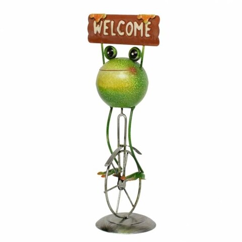 Decoratiune frog on unicycle w banner, 12x11x36.5 cm, metal, multicolor