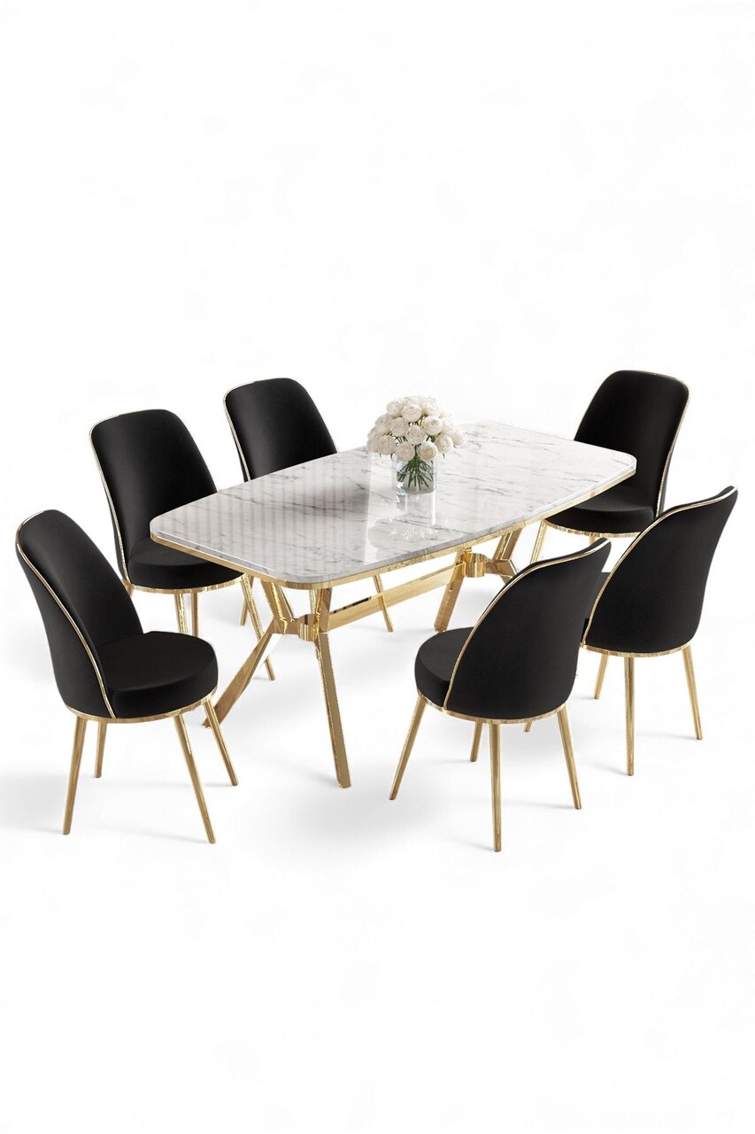 Set masă și scaune (7 piese), Hanah Home, Lena, Marmură albă / Auriu / Negru - view 2