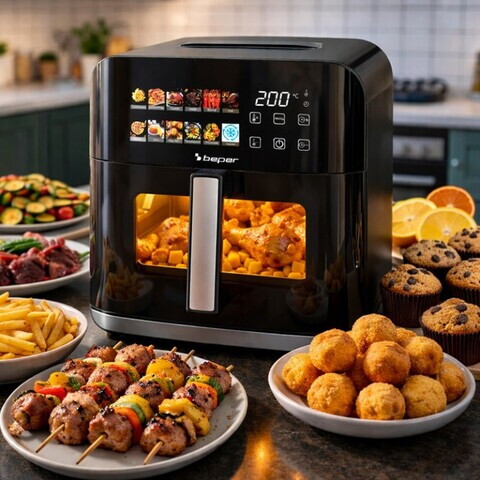 Friteuza digitala cu aer cald Mirabella, Beper, 1800W, 9L, 37x30x32 cm, 12 programe, negru