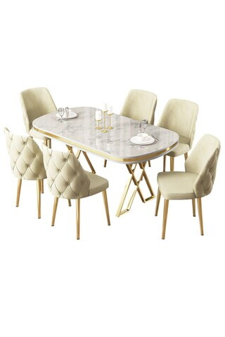 Set masa si scaune (7 piese), Hanah Home, Afe, Model de marmură albă / Auriu / Crem