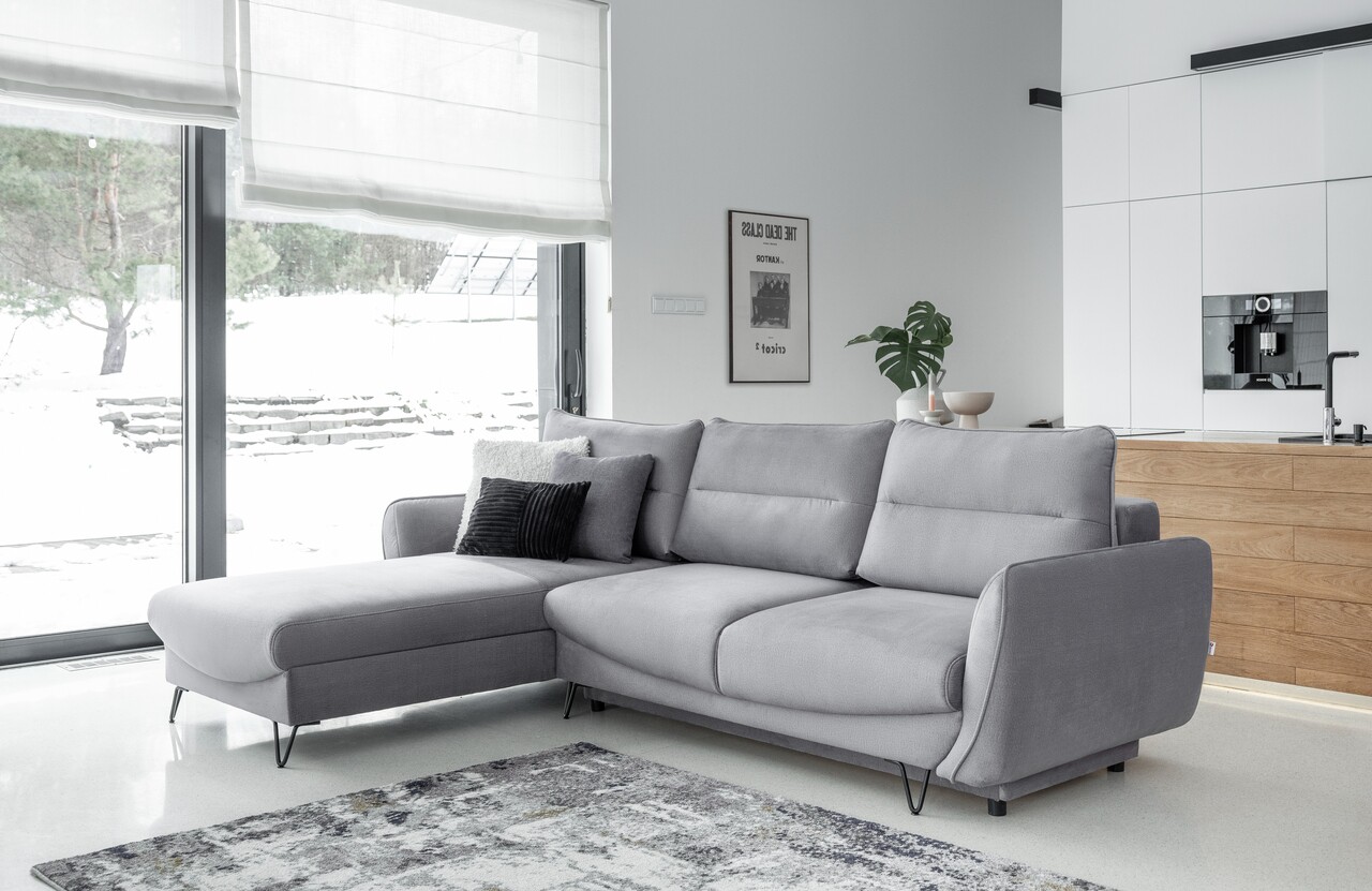 Coltar extensibil stanga 3 locuri ELTAP, LT-03NU, Silva, 276x201x100 cm, lemn/poliester, gri deschis