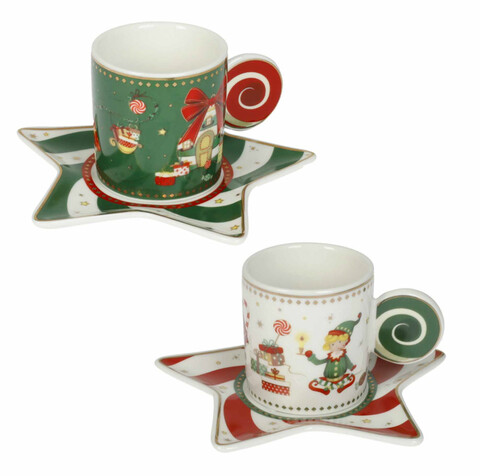 Set 2 cesti cu farfurie pentru cafea, Elfomagia White Green, Brandani, 12.5x12.5x6 cm, portelan New Bone China