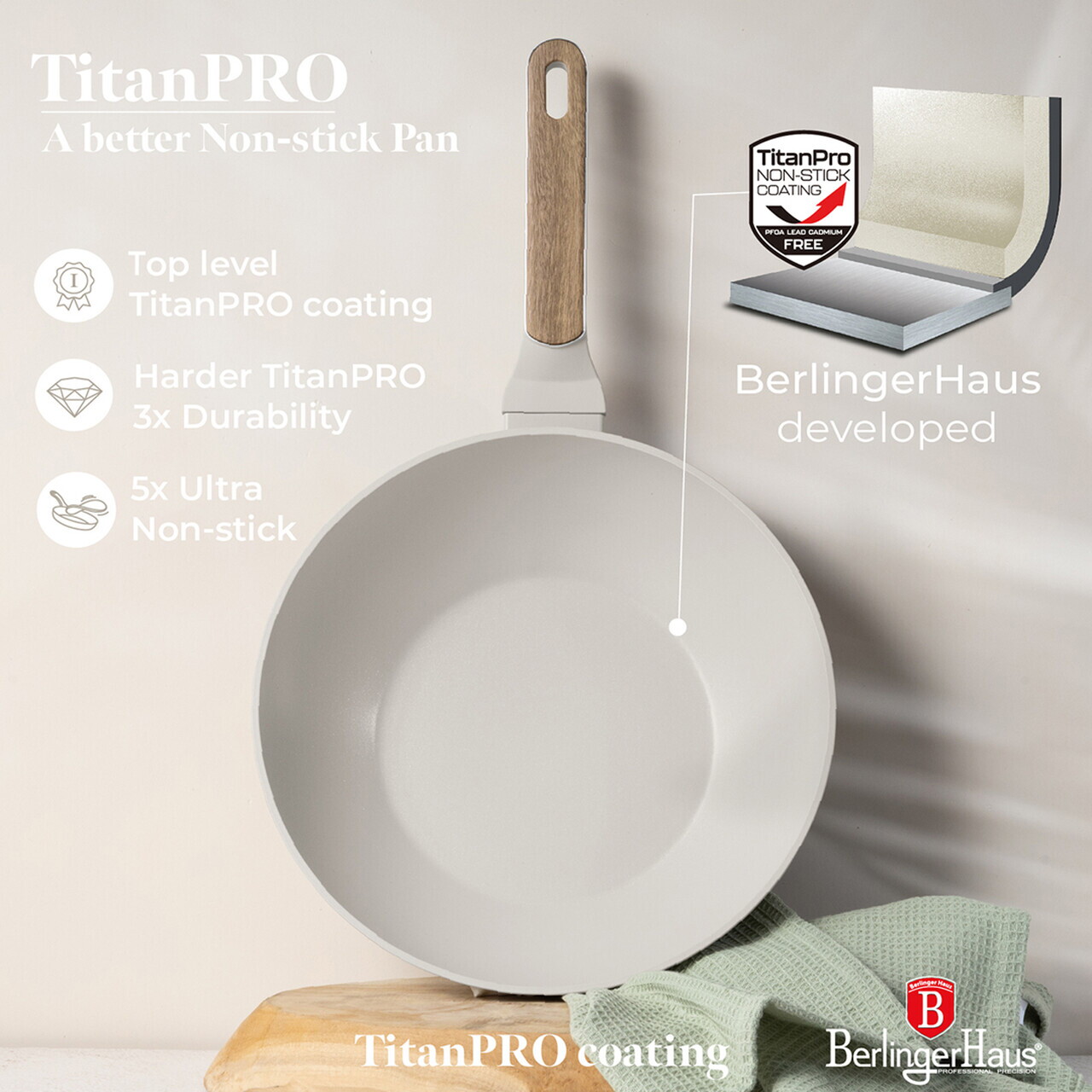 Tigaie Wok Berlinger Haus, Sahara Nordic, 28 cm, 3.5 L, aluminiu forjat, crem mat/natur - imagine 9