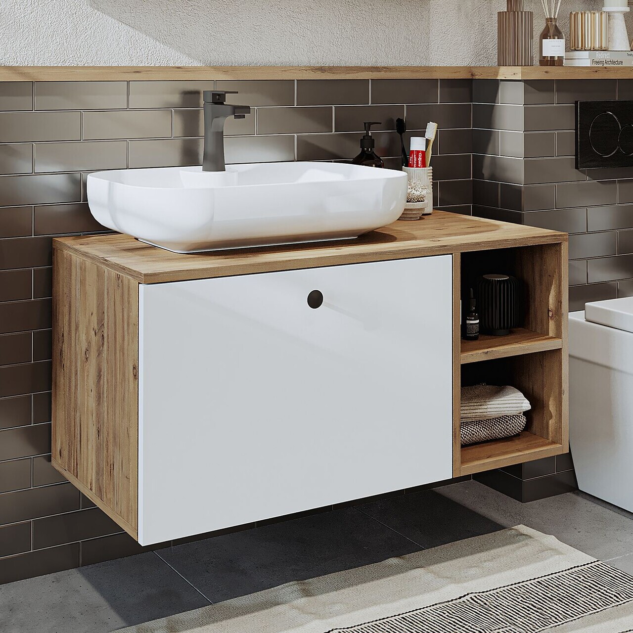 Dulap de baie cu chiuvetă, Hanah Home, 2516, 95x58x45 cm, MDF, Pin Atlantic / Alb — imaginea 3
