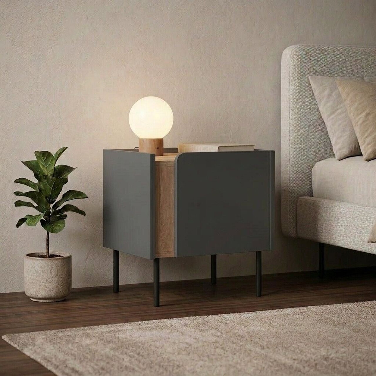 Noptiera Hanah Home Lucile 45.5x47.8x35 cm PAL Stejar Sepet / Antracit / Negru