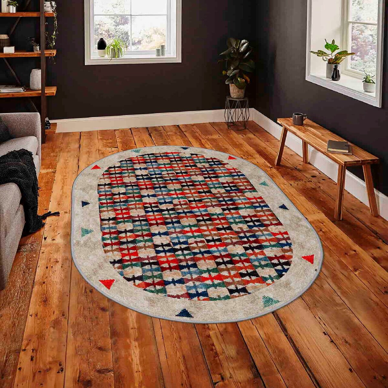 Covor Wookece275 80x150 cm Poliester Bej / Verde / Roșu / Negru