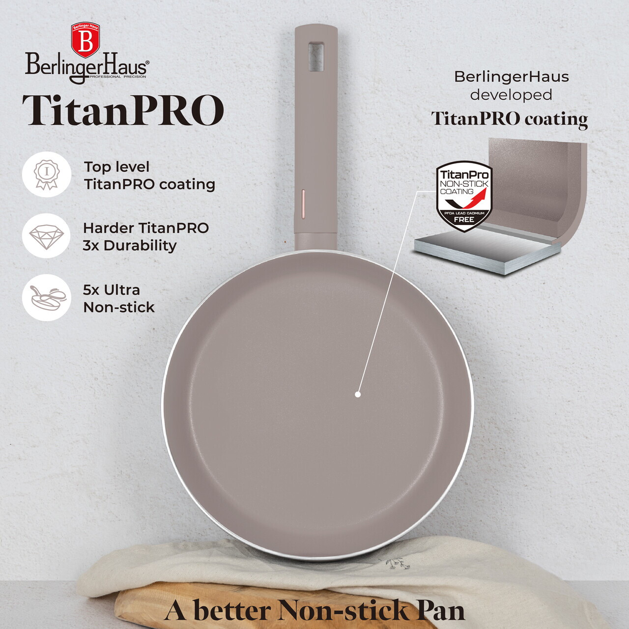 Tigaie flip Berlinger Haus, Taupe, 26 cm, aluminiu, taupe mat - imagine 5