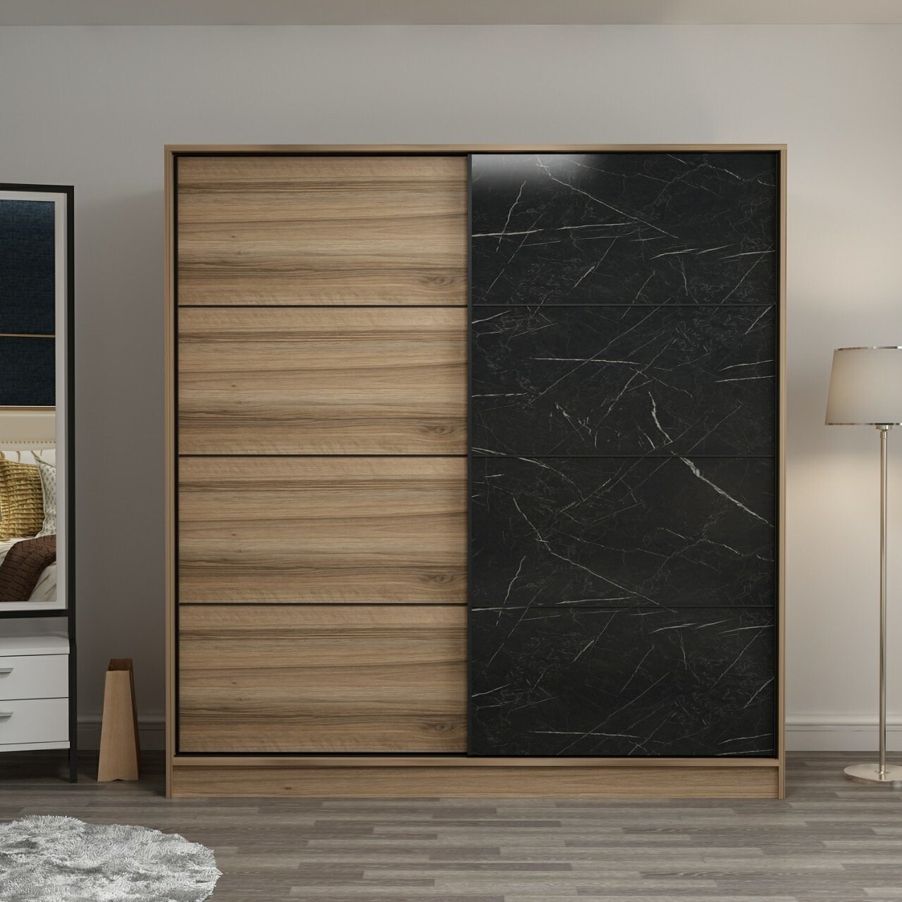 Dulap pentru haine, Minerva, Kale, 180x190x52 cm, PAL, Dore / Negru - 1 | YEO