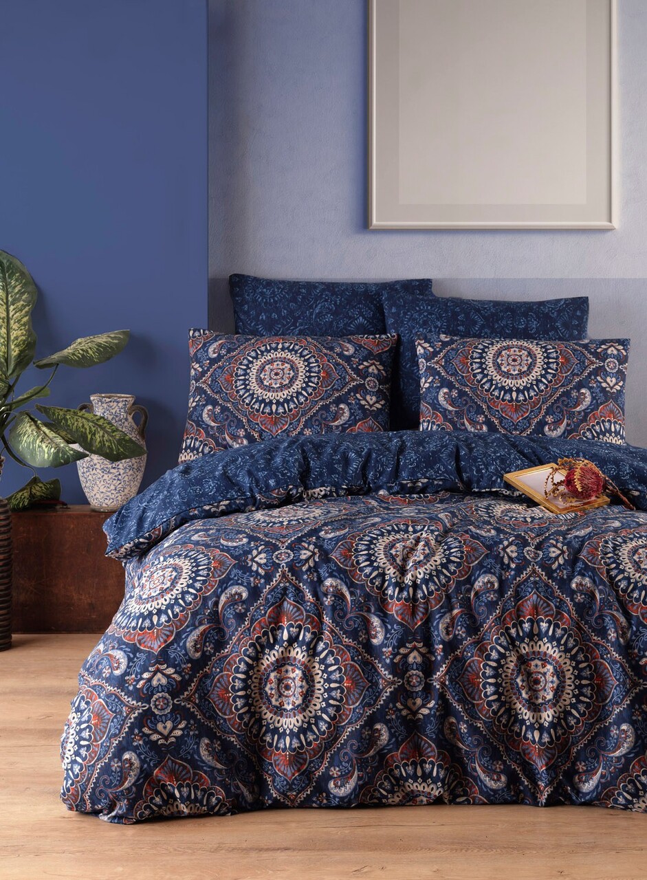 Lenjerie de pat dubla, Varak - Dark Blue, EnLora Home, 65% bumbac/35% poliester