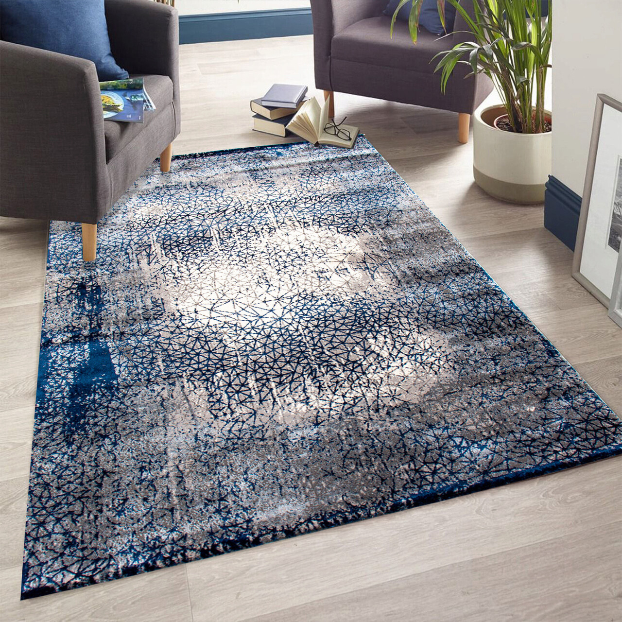 Covor, HE630, 80x150 cm, Poliester, Crem / Albastru