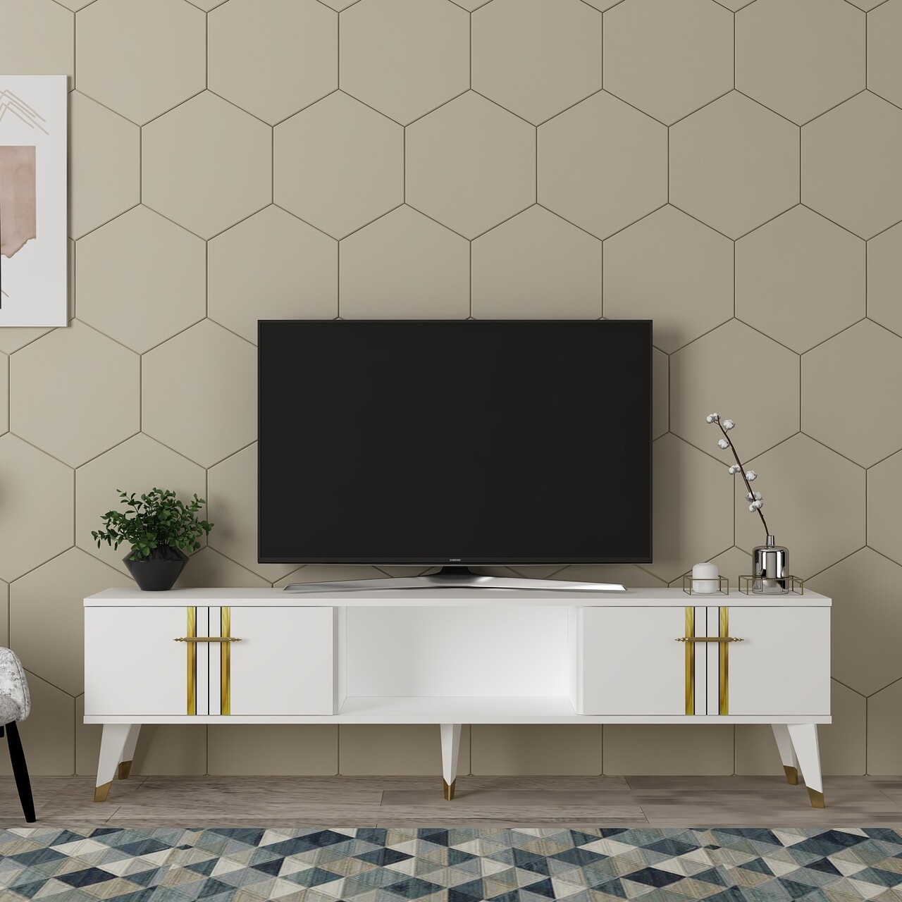 Comoda TV, Olivia, Asel, 150x44.6x29.6 cm, PAL , Alb/Auriu - 1 | YEO