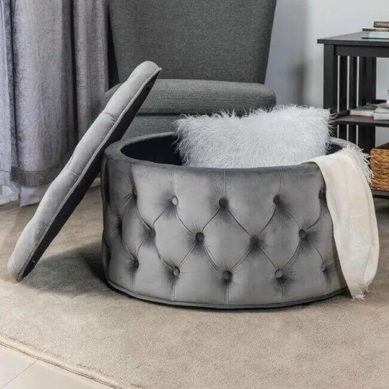 Taburet, Qunef, Nilka Kapitone Pouffe, 70x70 cm, Cadru: 100% MDF, Gri