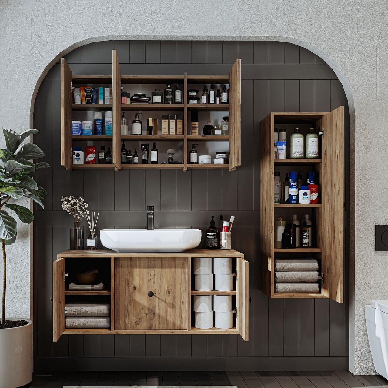 Set Dulap de Baie cu Chiuvetă și Oglindă (3 Piese), Hanah Home, 2575, MDF, Maro — imaginea 4