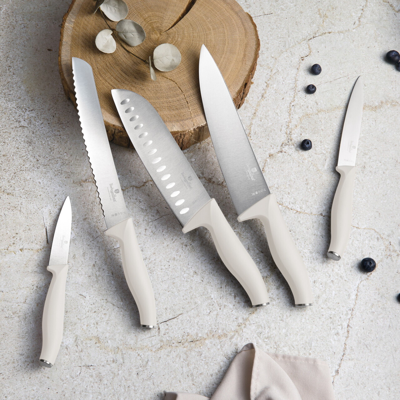 Set 5 cutite cu suport patrat Berlinger Haus, Sahara, inox/bambus, crem mat/natur - imagine 6